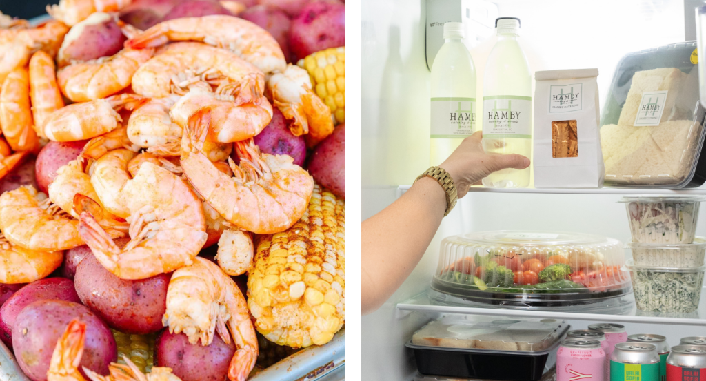 on right, shrimp boil to go & water bottles, snacks, sandwiches and crudités in refrigerator.