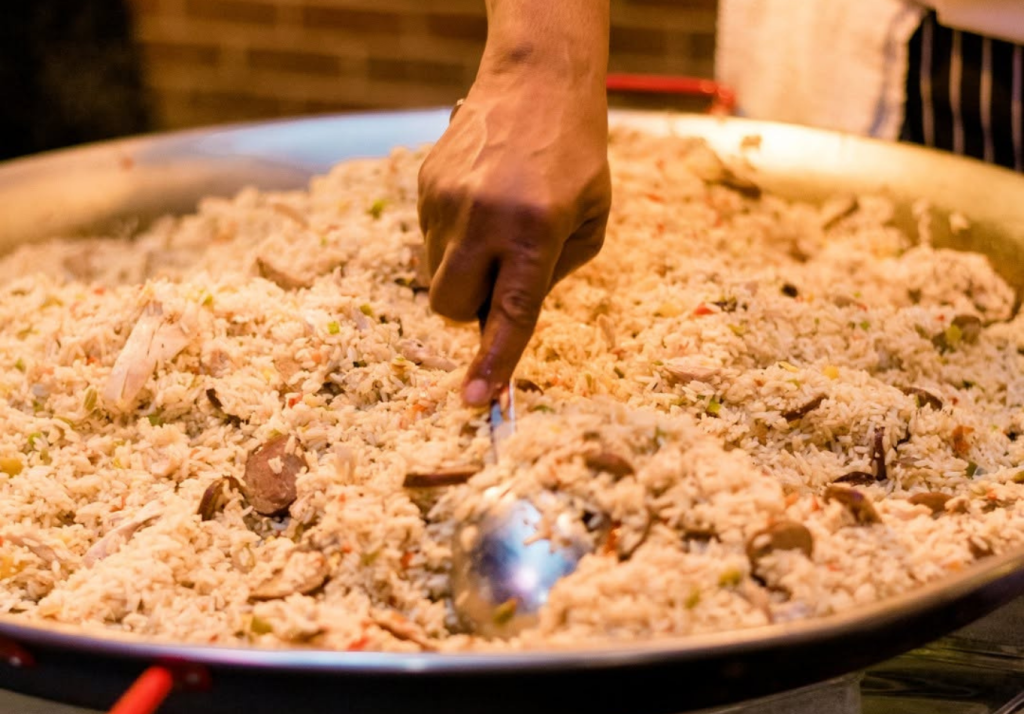 Lowcountry chicken bog with chicken, rice, sausage, peppers and onions