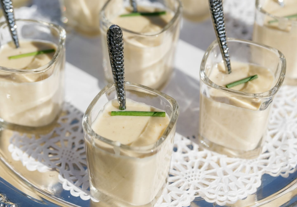 She-crab soup shooters served in petite glasses by Hamby Catering