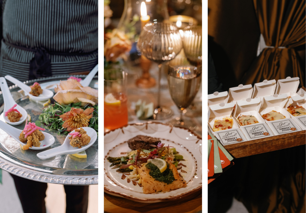 Three wedding reception dishes featuring passed fried oyster hors d'oeuvres, a plated salmon entrée and late-night mini pizzas.